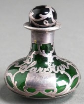 SILVER MOUNTED GREEN GLASS PERFUME BOTTLE