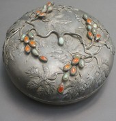 CHINESE JADE AND CARNELIAN MOUNTED PEWTER