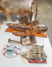 FOUR WOOD SHIP MODELS AND A PHOTO OF