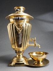 RUSSIAN BRASS SAMOVAR WITH TRAY AND