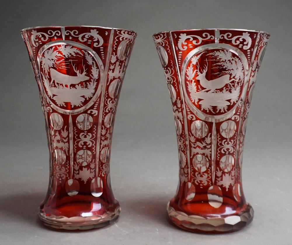 PAIR BOHEMIAN ETCHED CRANBERRY 32feff