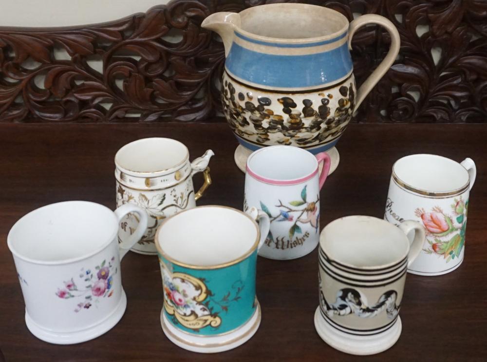TWO MOCHA WARE PITCHER AND SIX