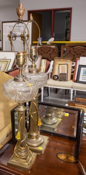 TWO BRASS & GLASS TABLE LAMPS & SHAVING