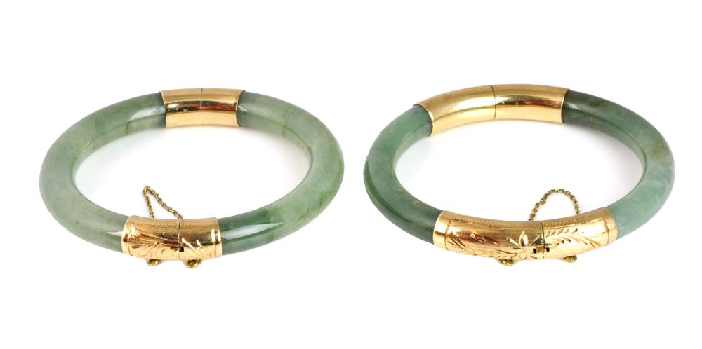 TWO JADE 14KT GOLD CHINESE BANGLE