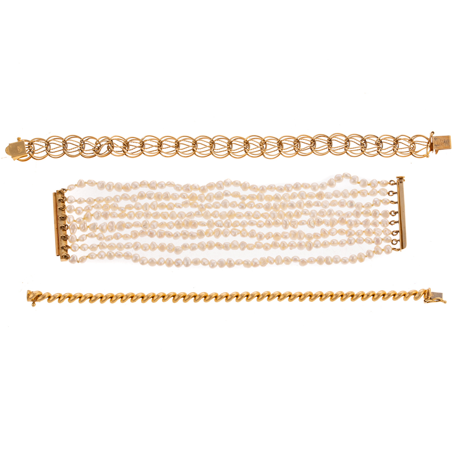 A TRIO OF YELLOW GOLD PEARL BRACELETS 3386b3