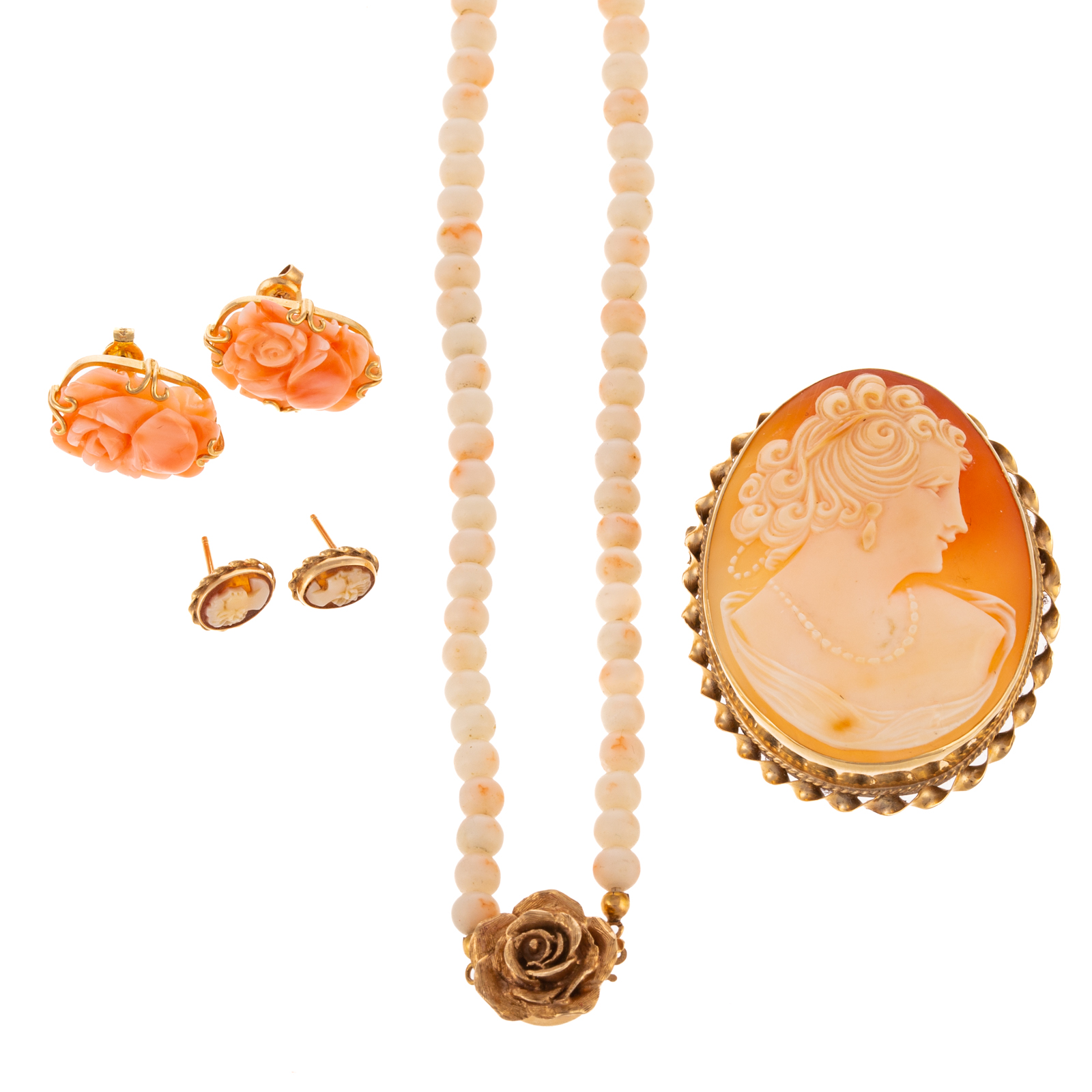 A COLLECTION OF CORAL CAMEO JEWELRY 3386c4