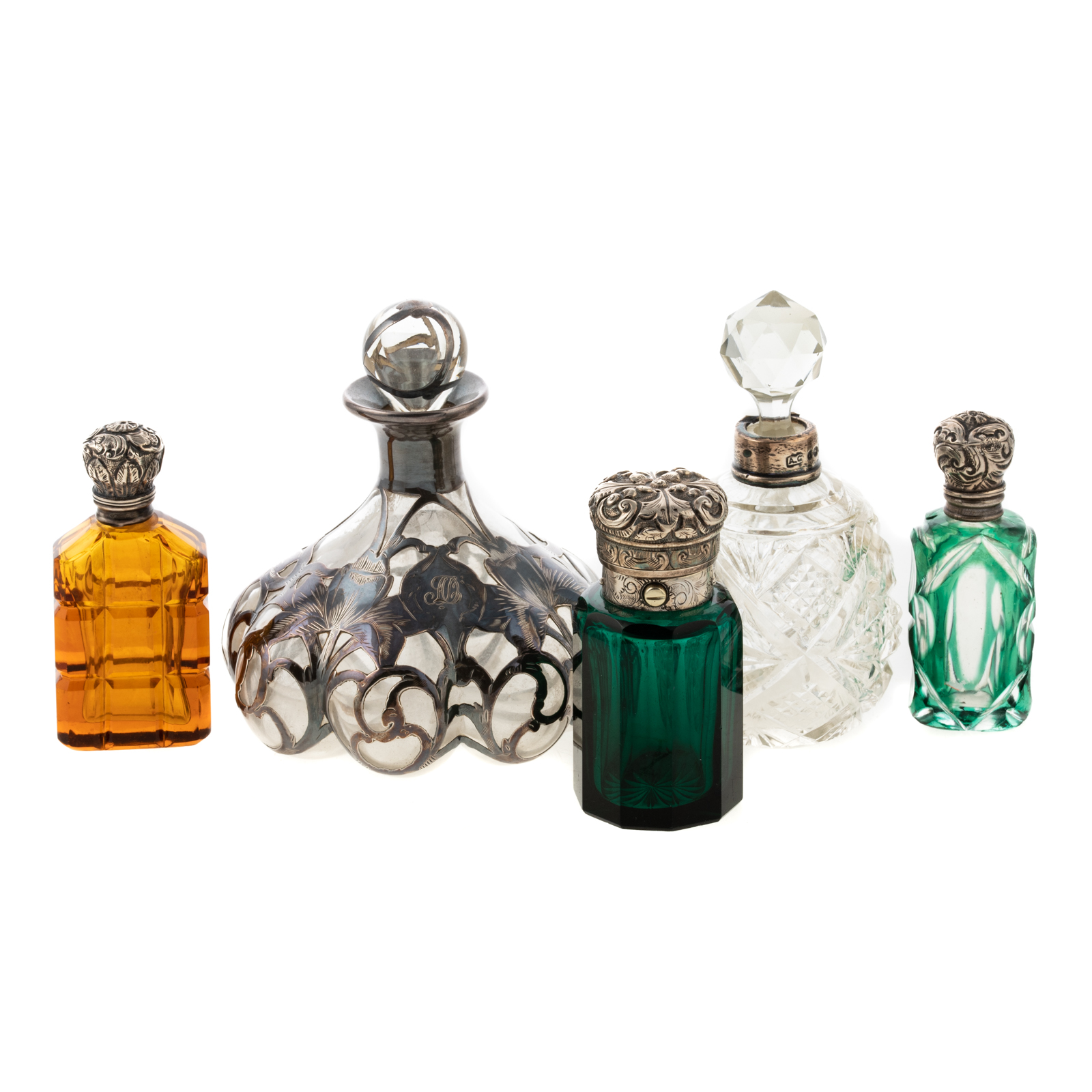 FIVE SILVER GLASS SCENT BOTTLES 338756