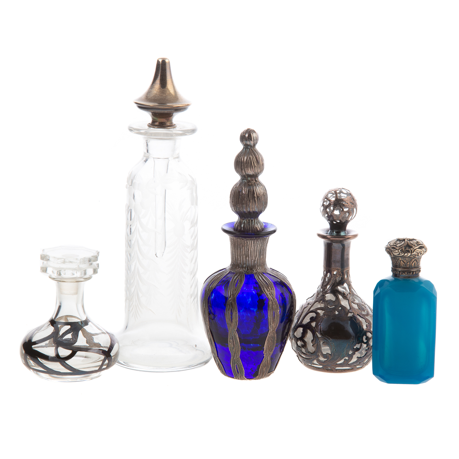 FIVE SILVER & GLASS SCENT BOTTLES