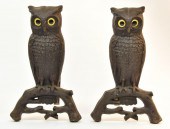 Pair of cast iron owl andirons with