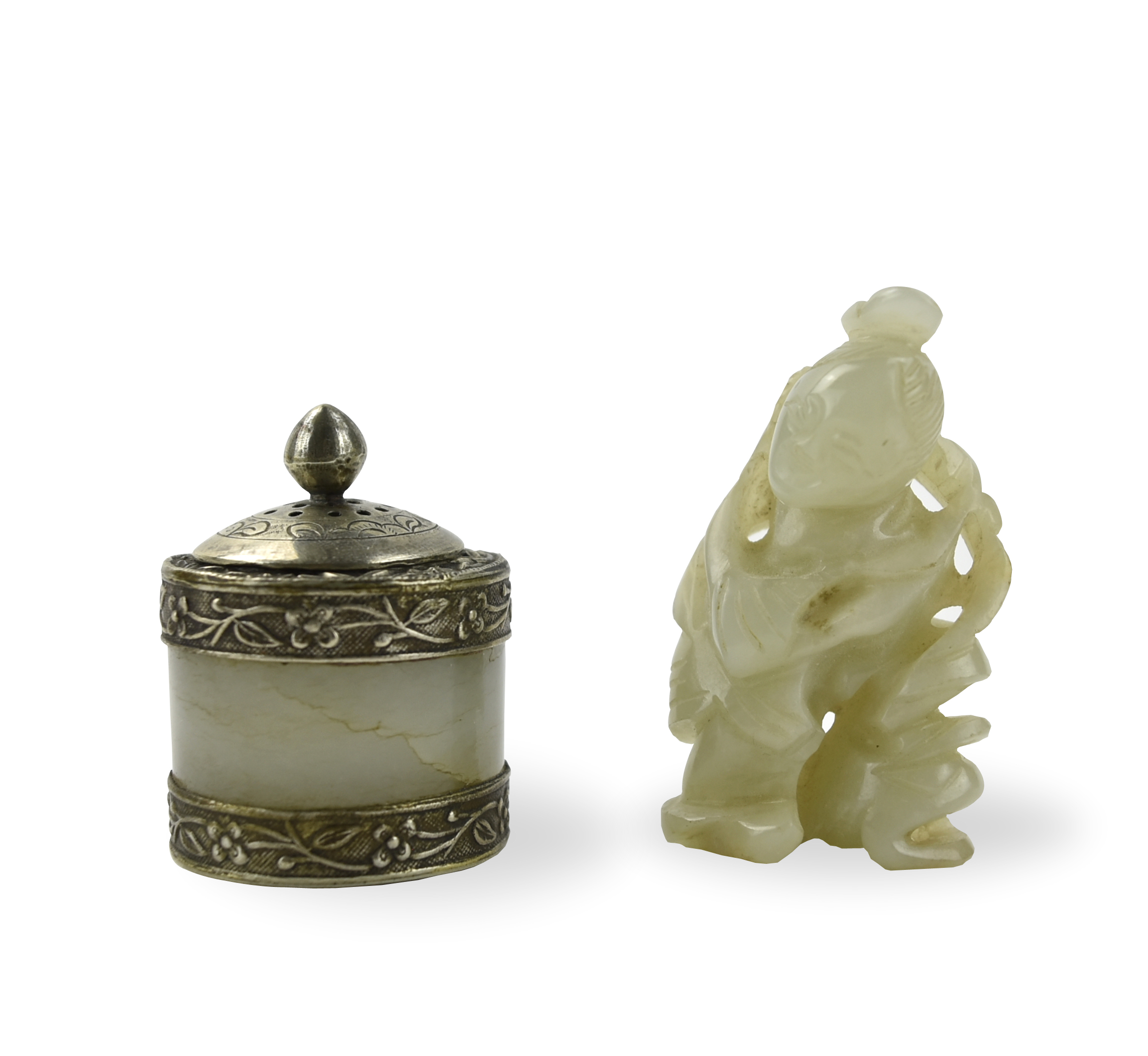 CHINESE SILVER JADE BOX AND CARVED 33925b