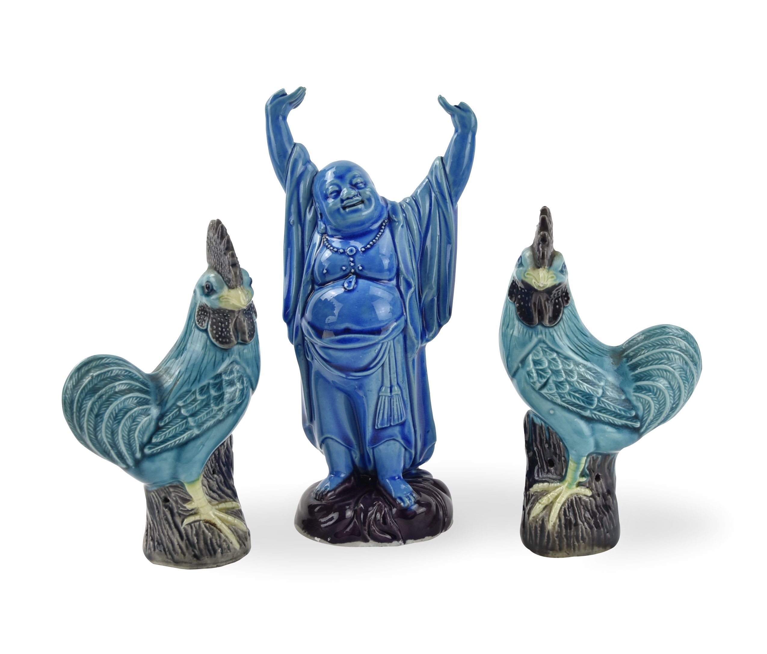  2 PEACOCK GLAZED ROOSTERS BUDDHA 3392d5