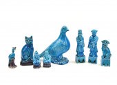 GROUP OF 8 PEACOCK GLAZED FIGURES,20TH