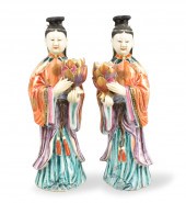 PAIR CHINESE LADY W LOTUS CANDLEHOLDERS QIANLONG 33a2f3
