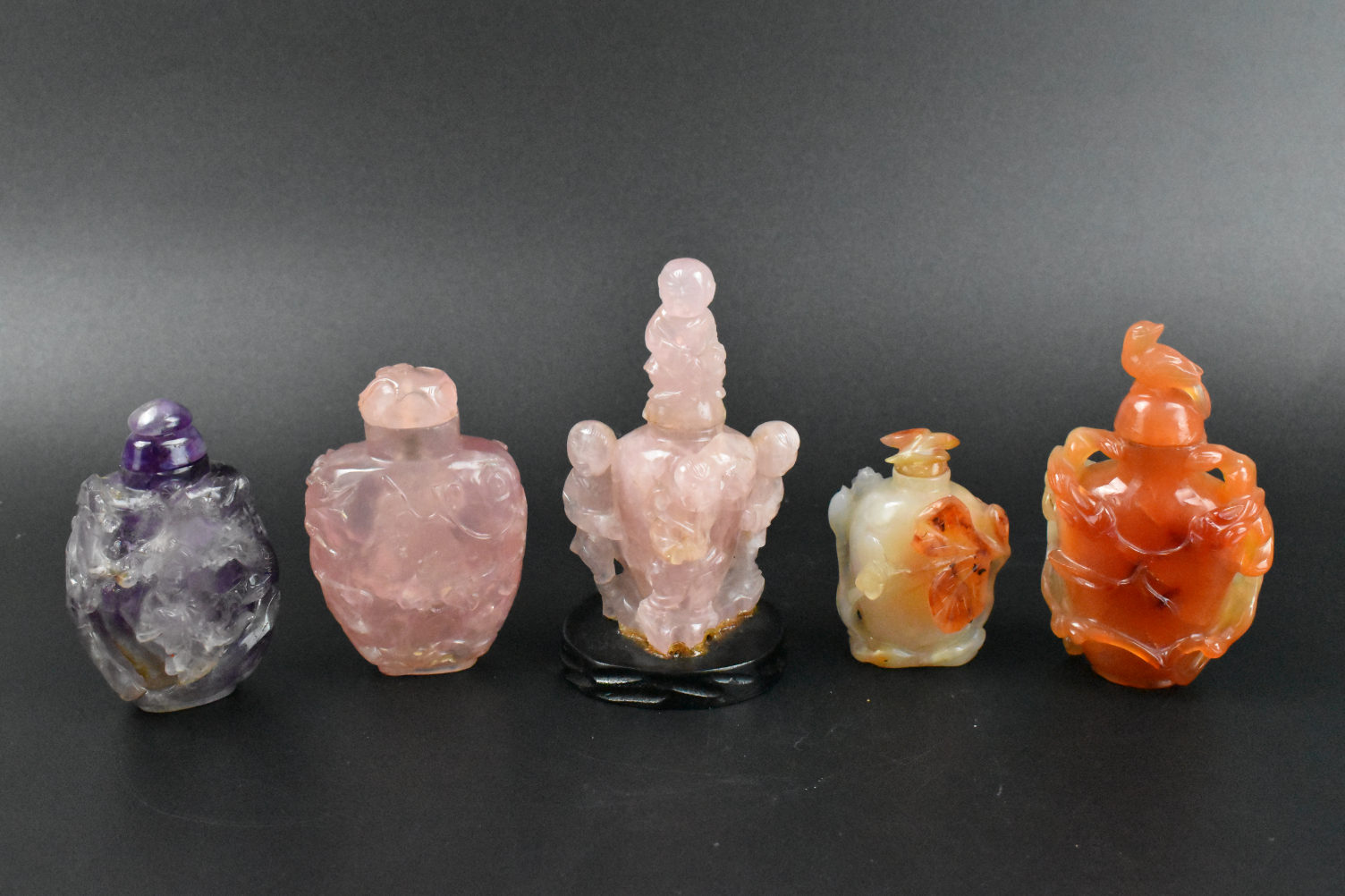 5 CHINESE SNUFF BOTTLES ROSE QUARTZ AGATE CRYSTAL 33a6a2