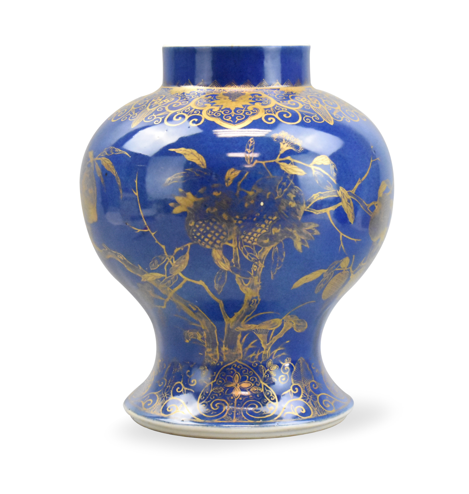 CHINESE GILT BLUE JAR W PEACH 33a768