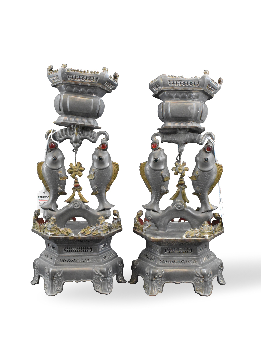 PAIR CHINESE PEWTER TWIN FISH CANDLE 33afdf