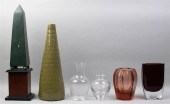 FOUR GLASS VASES, A CERAMIC VASE AND