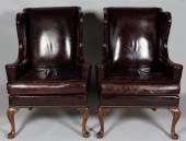 PAIR OF QUEEN ANNE STYLE BURGUNDY LEATHER