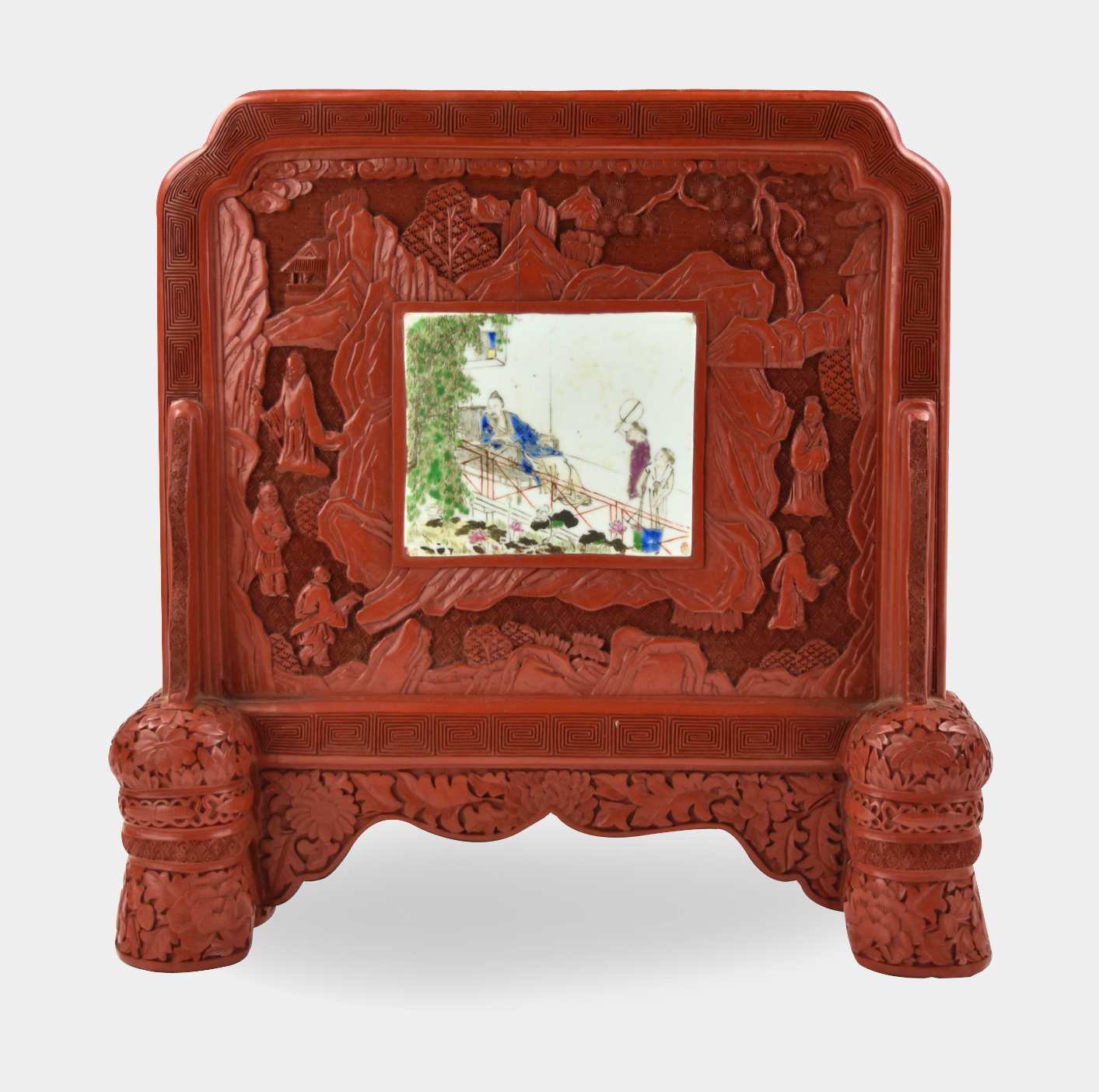 CHINESE RED LACQUER SCREEN W PORCELAIN 339648