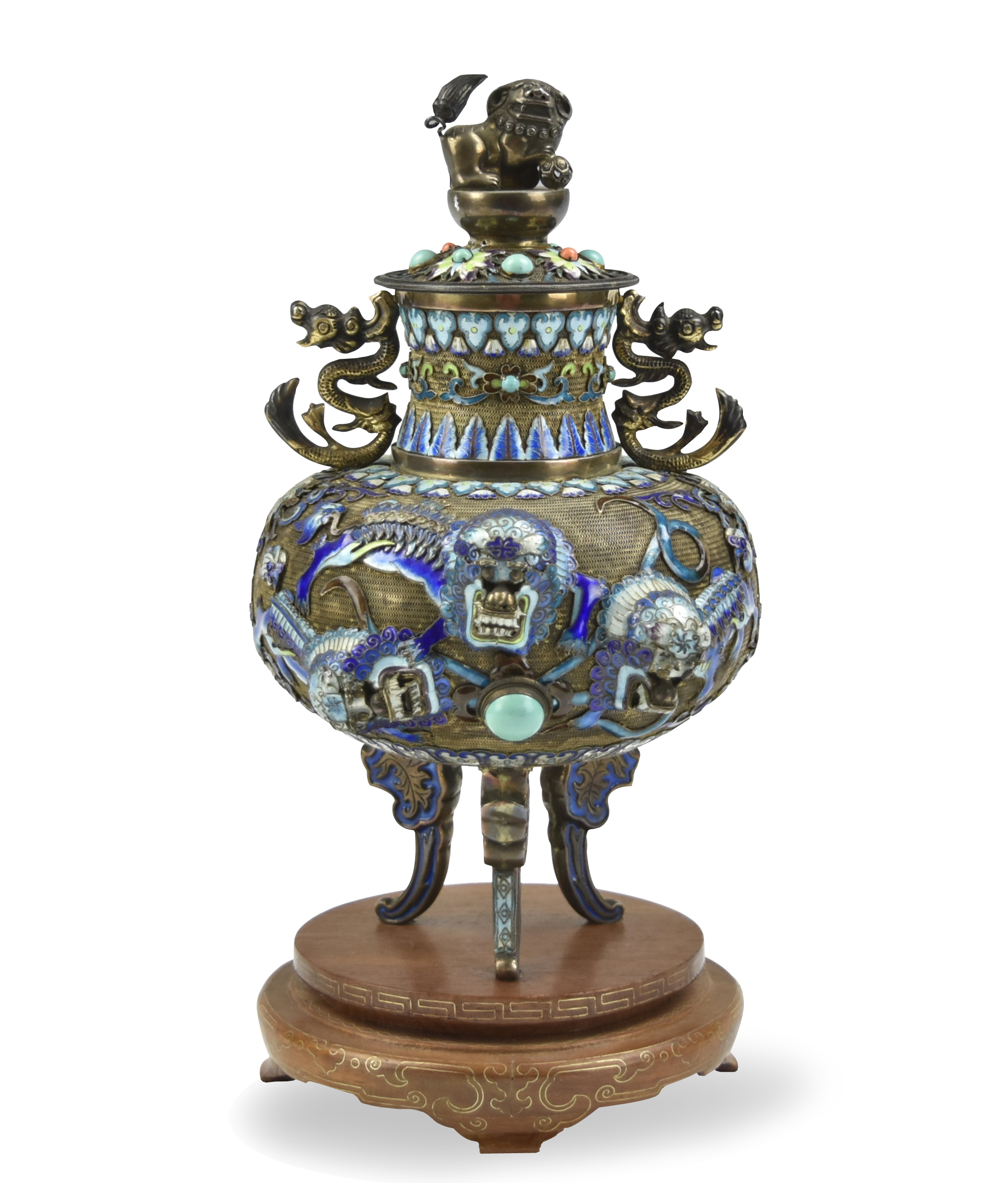 CHINESE SILVER CLOISONNE TRIPOD 3396ae