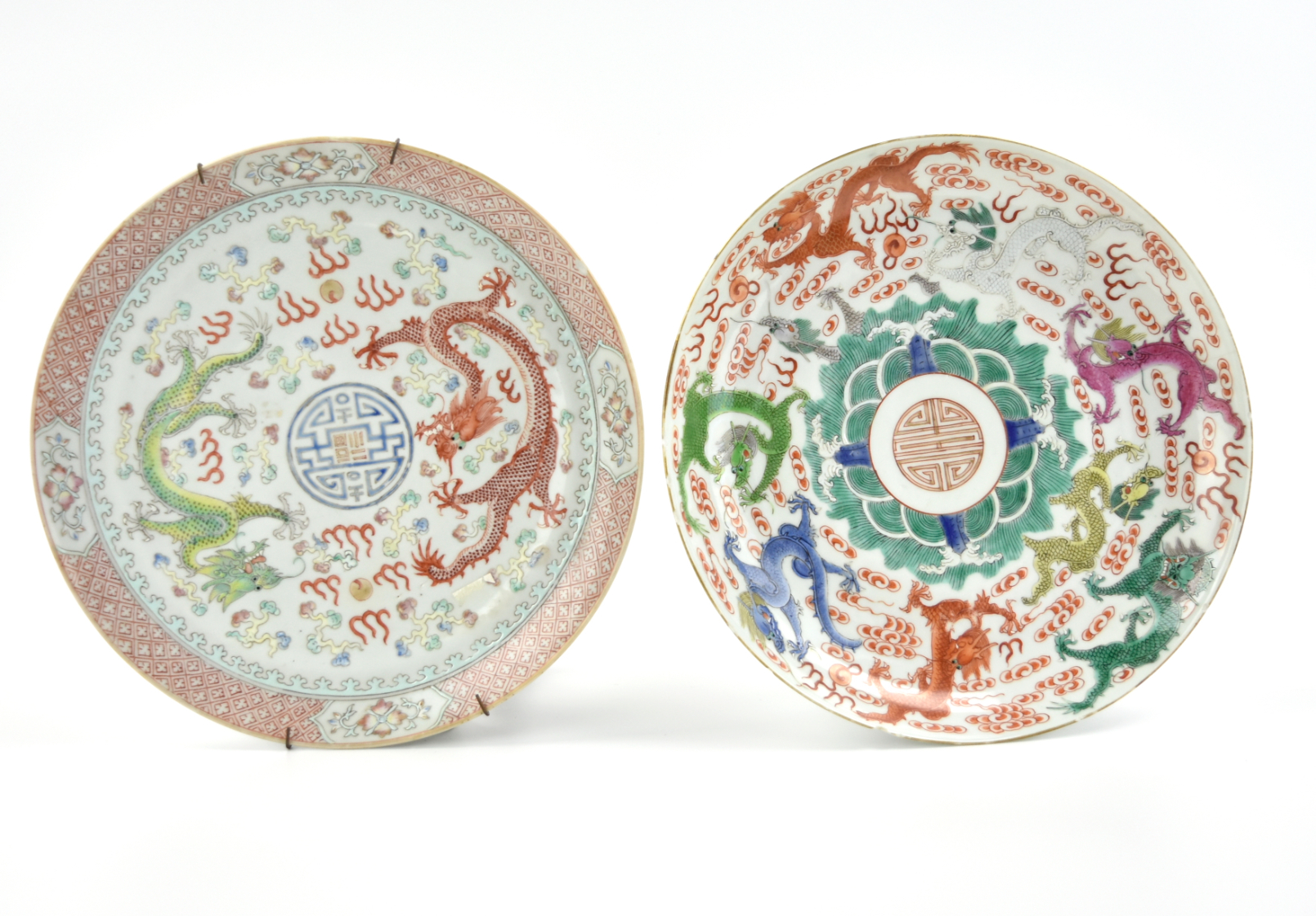 2 CHINESE FAMILLE ROSE DRAGON PLATES,