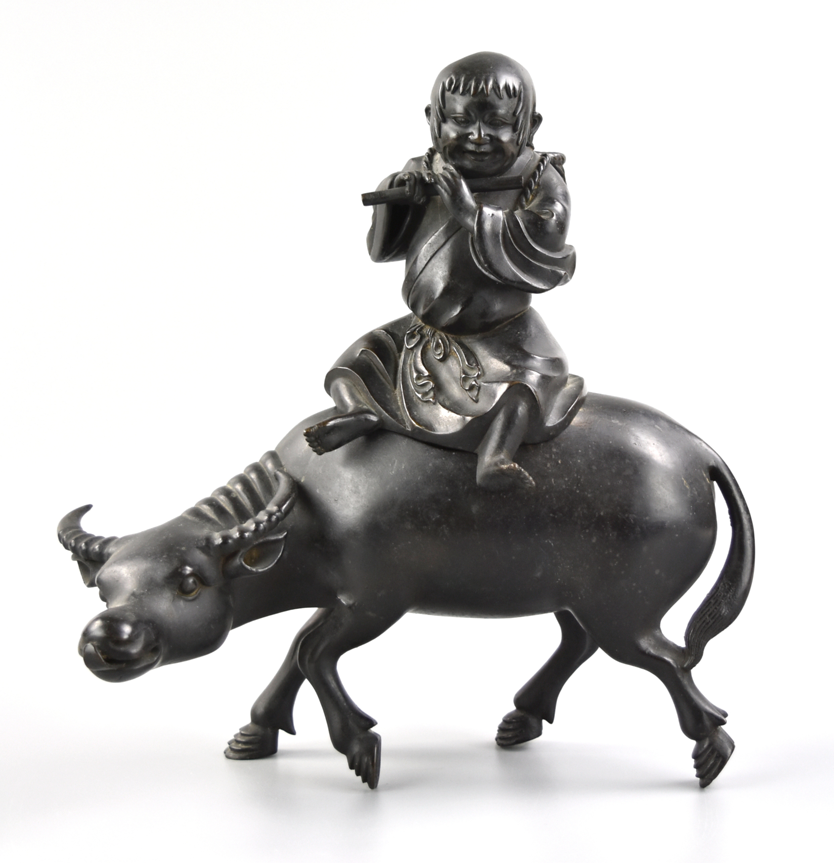 CHINESE BRONZE BOY RIDING ON CATTLE QING 339880