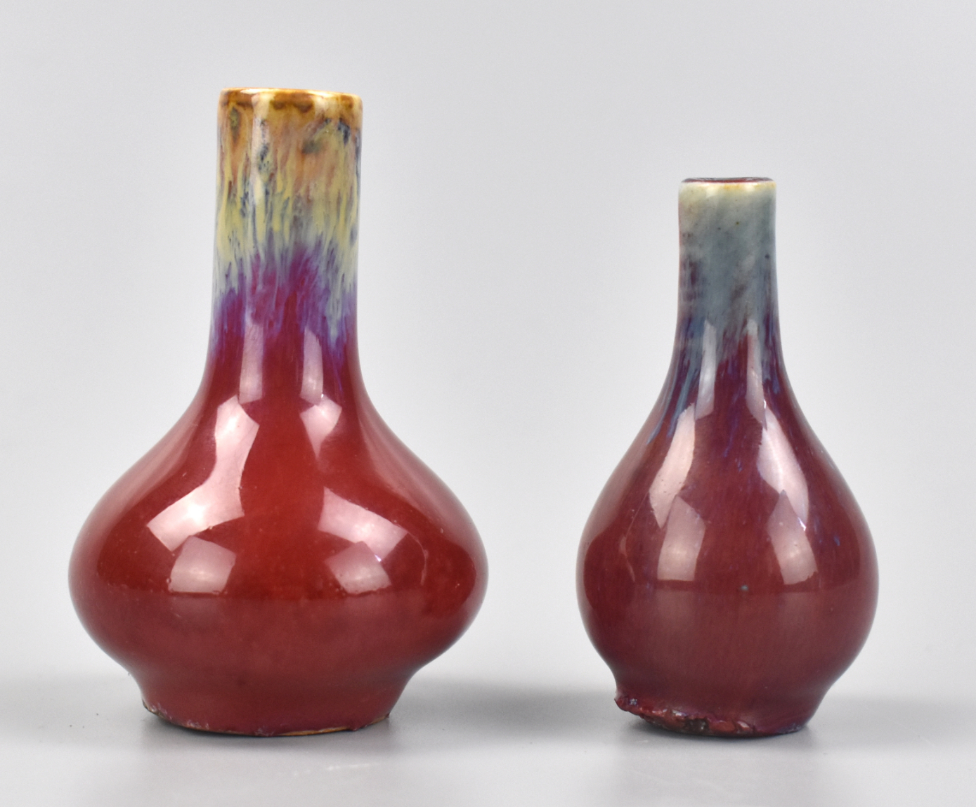 2 SMALL CHINESE FLAMBE GLAZED VASES  3398d7