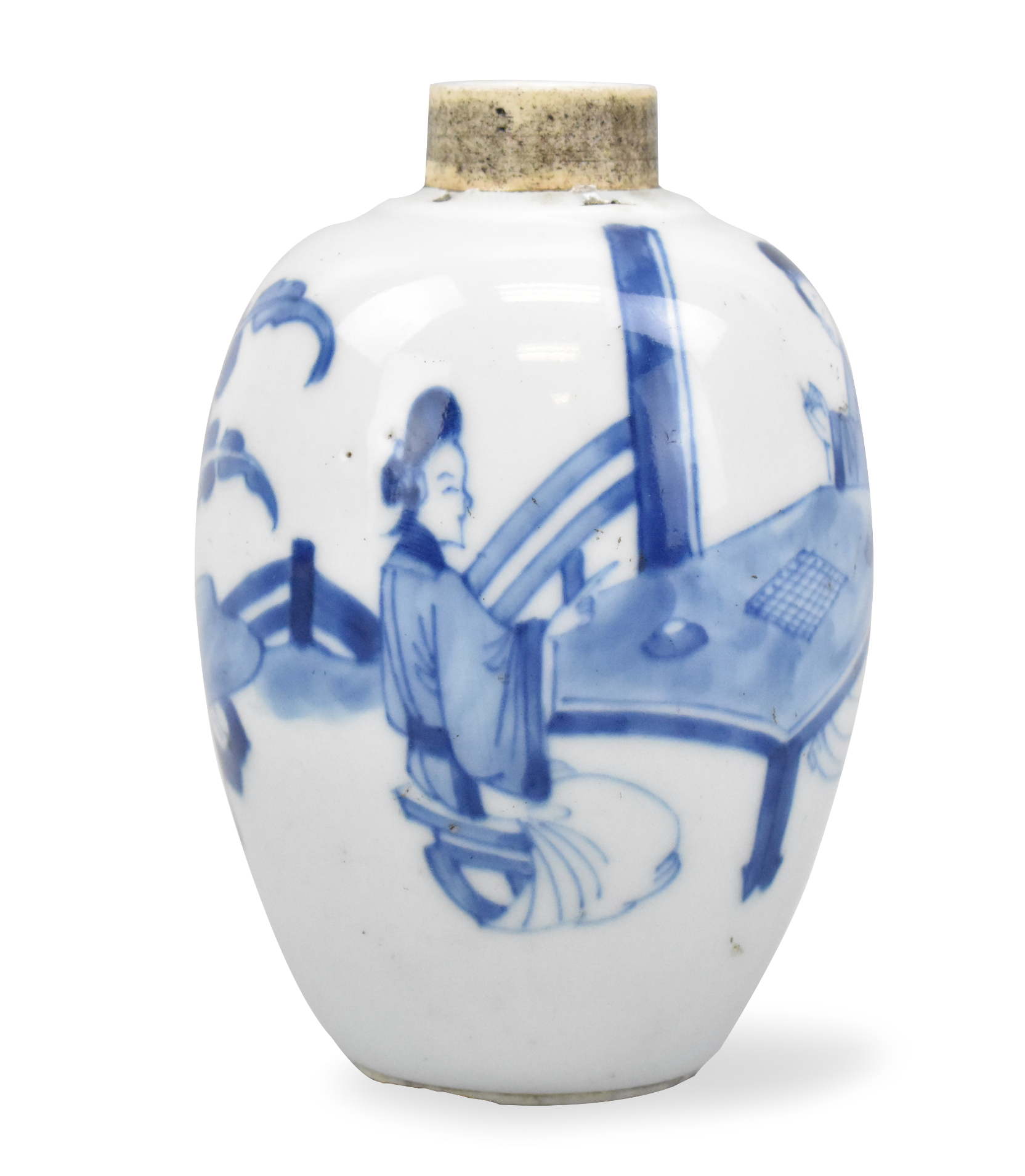 CHINESE BLUE WHITE JAR W BEAUTIES  33a0a9