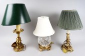 CRYSTAL LAMP AND TWO BRASS TABLE LAMPSCRYSTAL
