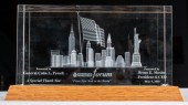 ETCHED GLASS PAPERWEIGHT PRESENTED TO