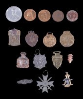 COLLECTION OF MEDALLIONS, FOBS & PINBACKS