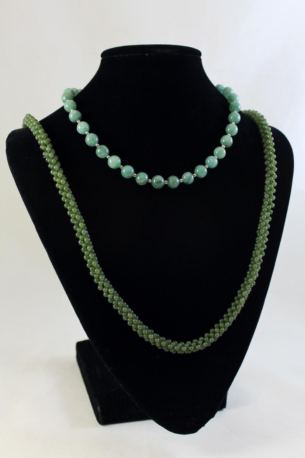 TWO GREEN HARDSTONE BEAD NECKLACES  33e909