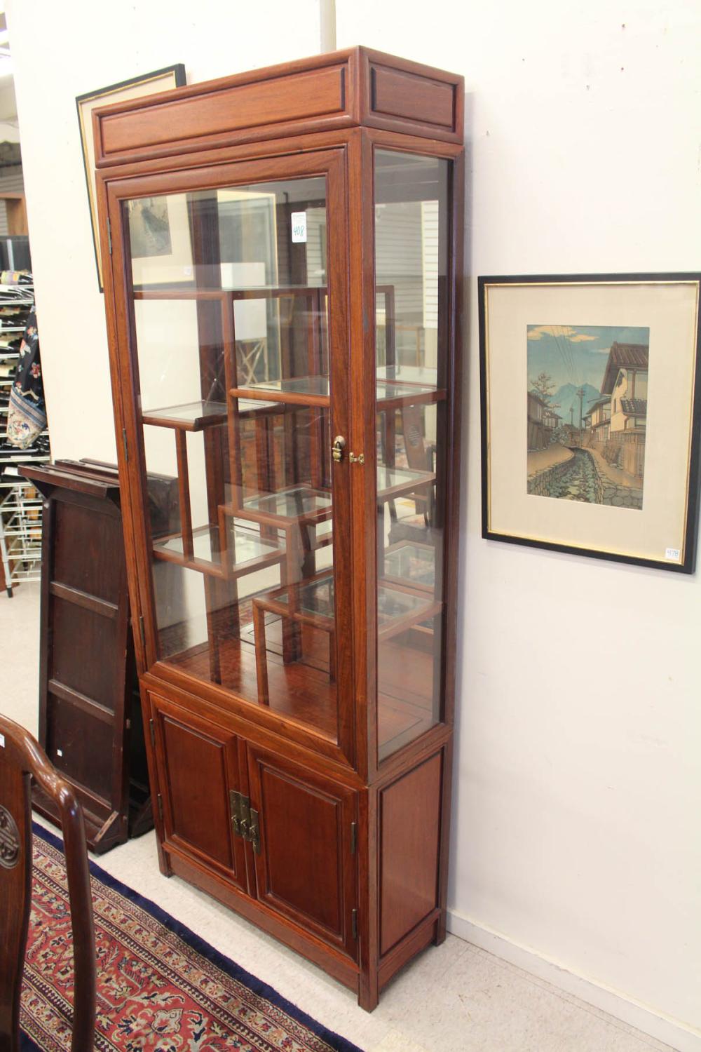CHINESE ROSEWOOD AND GLASS CABINET 341cda