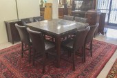 MARBLE-TOP DINING TABLE, EIGHT CHAIRS