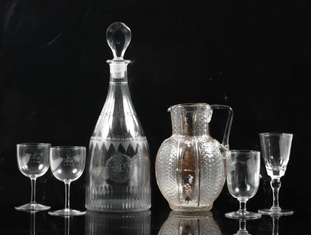 LOT OF 5 GLASSWARE ETCHED DECANTER  3439e1