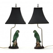 A PAIR OF CHINESE GREEN PARROT LAMPS