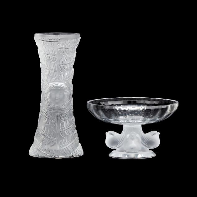 LALIQUE CRYSTAL VASE AND FOOTED 346a26