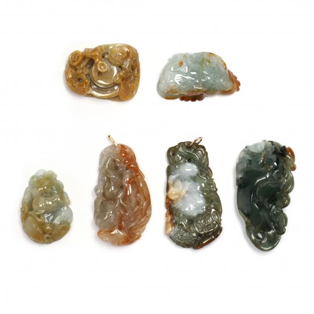 SIX CHINESE GREEN AND BROWN JADE 347299