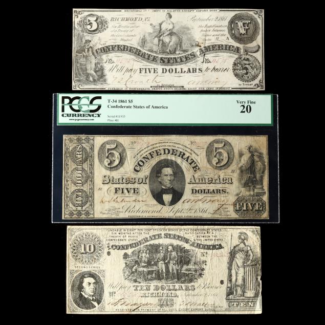 THREE 1861 DATED CONFEDERATE NOTES 345d88