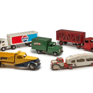 Five Pressed Metal Toy Trucks 20th 34962b