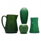 FOUR ART POTTERY MATTE GREEN VASES Early