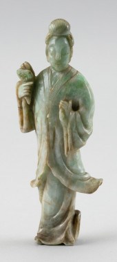 CHINESE CARVED CELADON JADE FIGURE OF