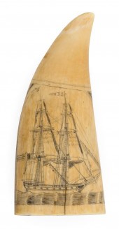 SCRIMSHAW WHALE’S TOOTH WITH SHIP