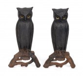 PAIR OF CAST IRON OWL ANDIRONS LATE