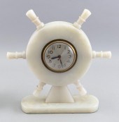 ALABASTER MANTEL CLOCK IN THE FORM OF