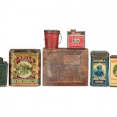 Seven Advertising Tins and Box 
includes