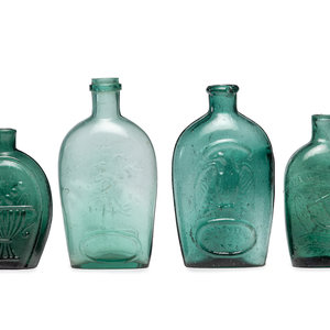 Four Molded Glass Green Flasks American  34ff48