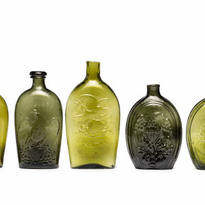 Five Molded Glass Olive Green Flasks
American,