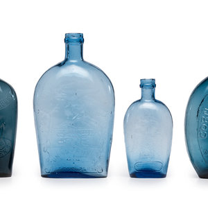 Four Molded Glass Aqua Flasks American  34ffb1
