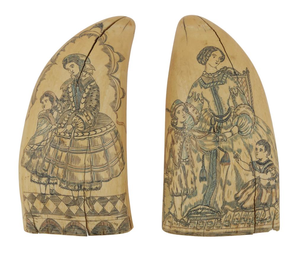 PAIR OF POLYCHROME SCRIMSHAW WHALE S 350164
